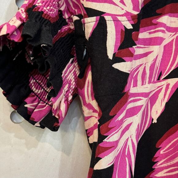 WHO WHAT WEAR Puff Sleeve Linen Blend Dress NEW Size XXL Pink Black Leaf Print - Picture 6 of 11